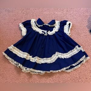 Vintage  18 Month Dress Circle Frilly Ruffle Lace Party Pageant  Navy Blue